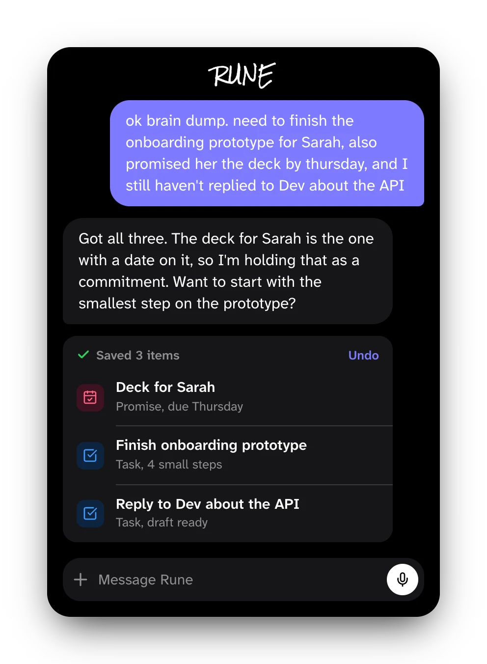 The same chat with Rune in dark mode