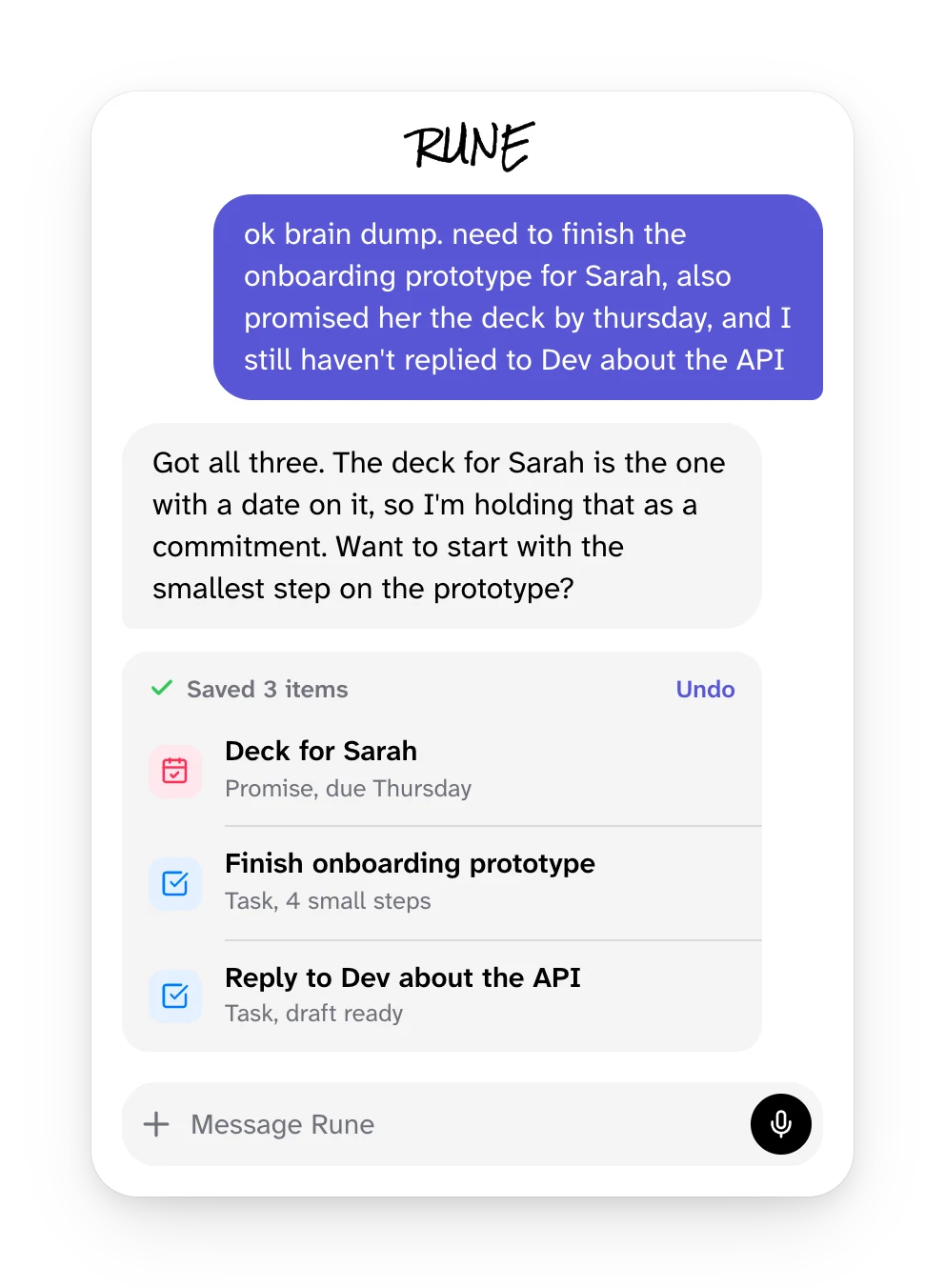 Chat with Rune: a brain dump sorted into a promise and two tasks